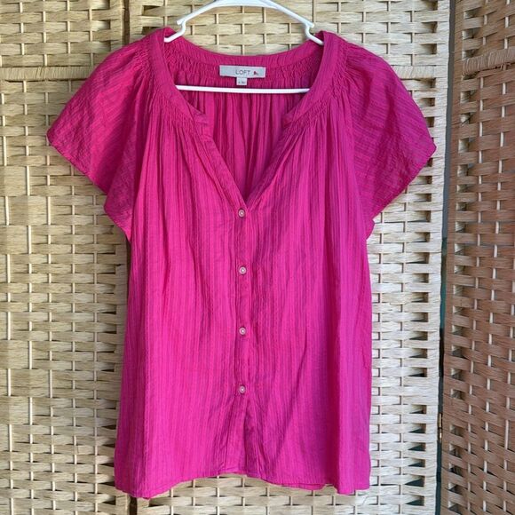 Loft 100 % Cotton Pink Ruffle Sleeves Size Medium - Picture 2 of 9